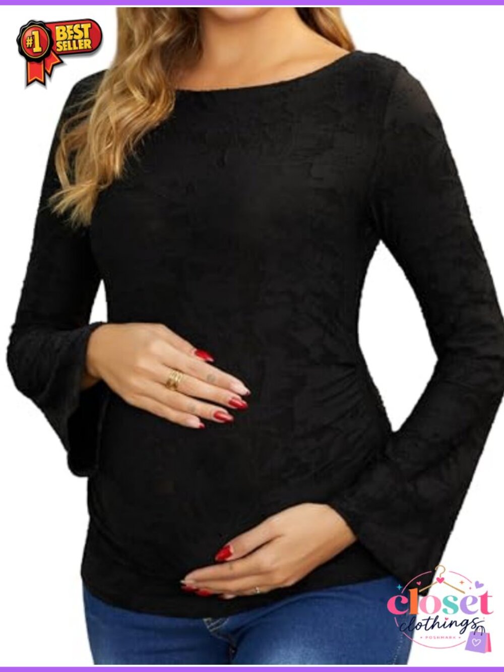 Womens Maternity Lace Floral Bell Sleeve Semi-Sheer Blouse